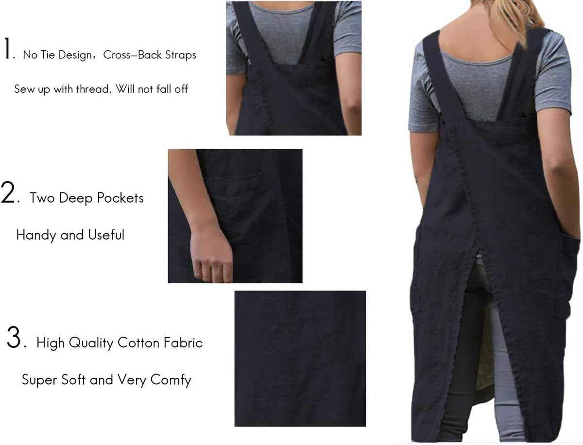 Women's Pinafore Square Apron Baking Cooking Gardening Works Cross Back Cotton/Linen Blend Dress with 2 Pockets
