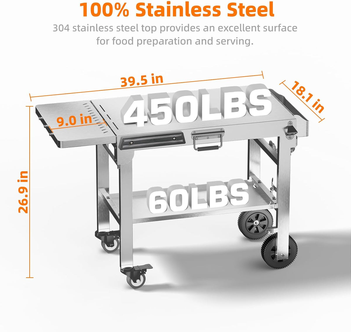Food Grade 304 Stainless Steel BBQ Grill Table fits Tabletop Griddle, Outdoor Grill Table with 4 Foldable Legs, Portable Grill Stand for RV, Camping, Tailgating