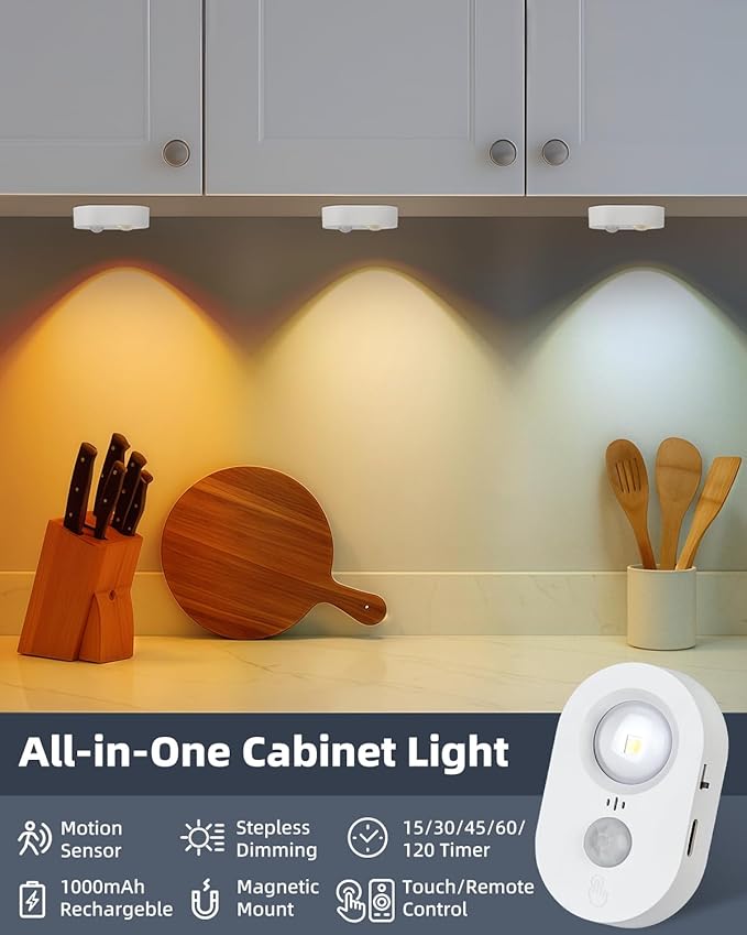 Yiliaw LED Motion Sensor Puck Lights Indoor, Small Rechargeable Under Cabinet Lighting, Dimmable Warm White Closet Lights, Stick on Wireless Night Light for Drawer, Shelf, Kitchen, White (3 Pack)