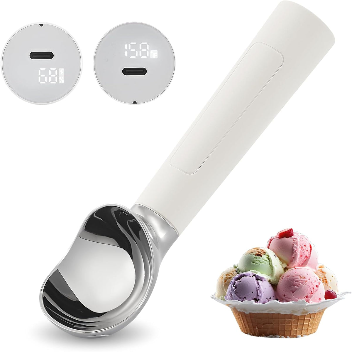 Heated Ice Cream Scoop Rechargeable, Electric Warming Ice Cream Scooper with LED Display, Heats to 158°F for Hard Ice Cream, Easy for Seniors & Kids, IP67 Waterproof (White, 2 oz)