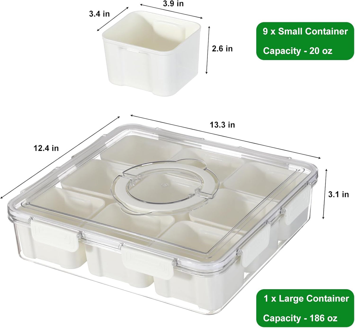 Taiuloo Divided Serving Tray with Lid & Handle, Airtight 9 Compartment Snackle Box Charcuterie Container, Fridge Organizer Bins, Food Storage Container Veggie Tray for Snack, Fruit, Candy, Nuts