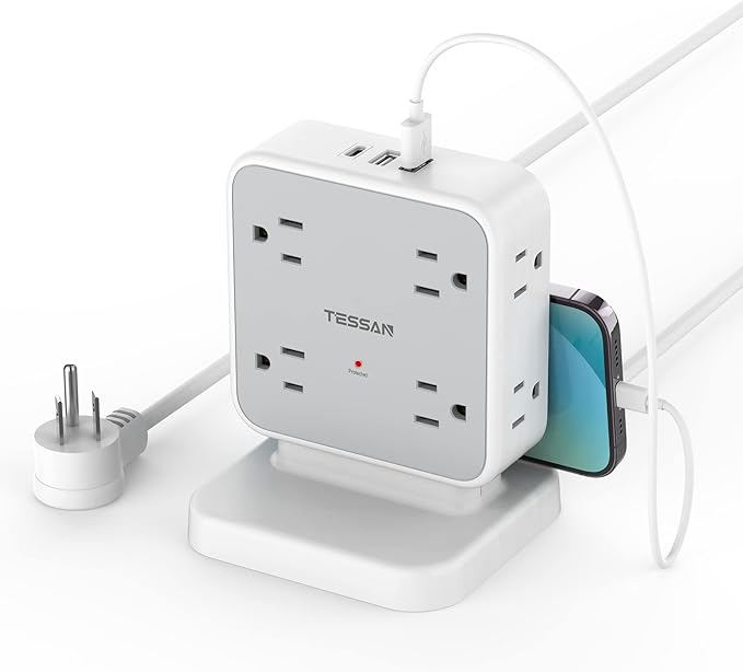 Power Strip Tower Surge Protector, TESSAN 8 AC Outlets with 3 USB (1 USB C Port), 5 FT Flat Plug Extension Cord with 900 Joules Protection, Desk Charging Station for Home Office Supplies, Dorm Room