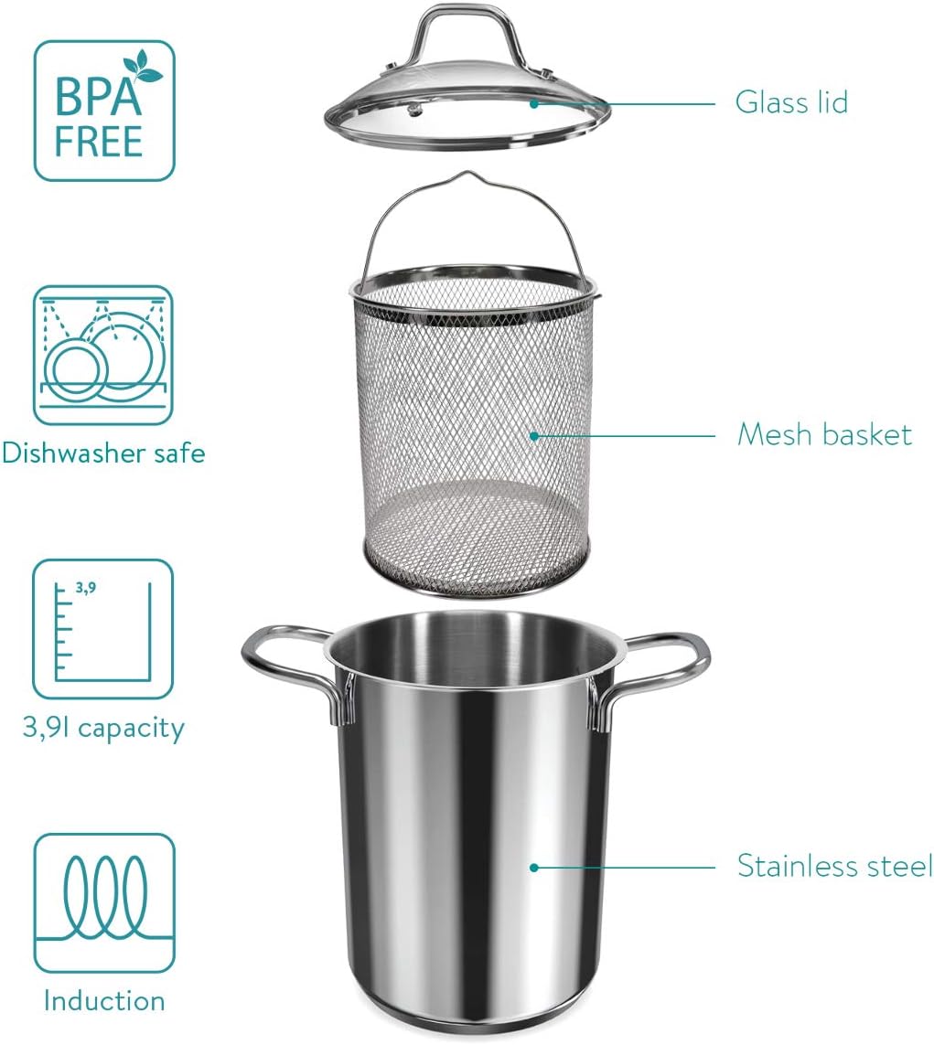 Navaris Asparagus Pot - Stainless Steel Asparagus Vegetable Steamer Spaghetti Pasta Stovetop Cooker with Removable Basket and Lid - BPA Free - 4.1 Qt