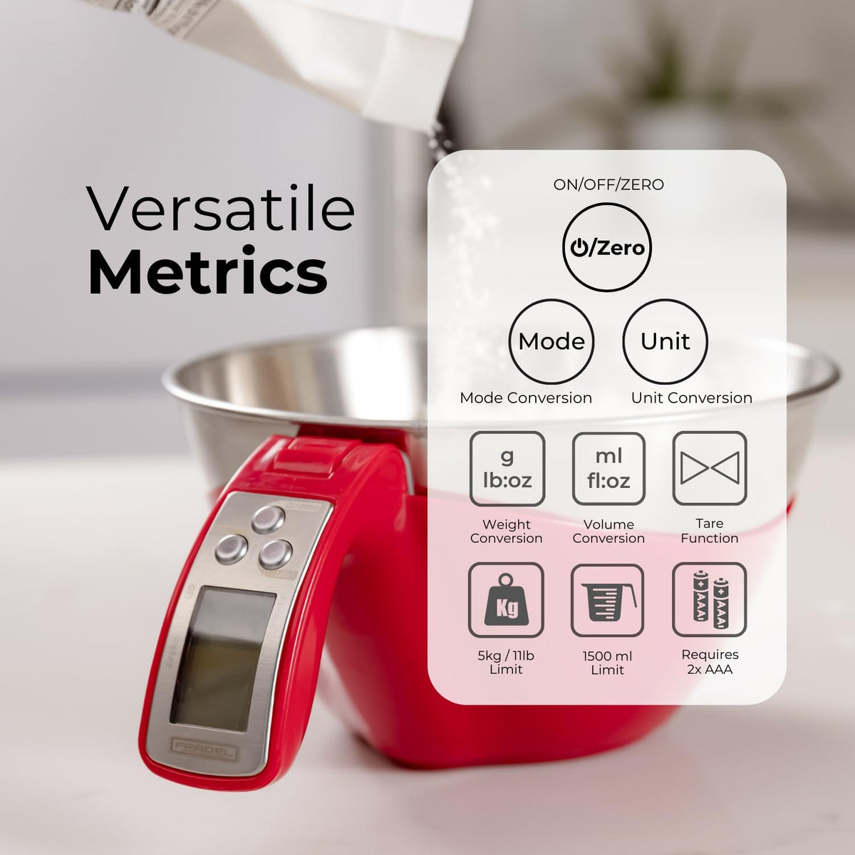 Fradel Digital Kitchen Food Scale with Bowl - 11lb, Grams & Ounces - Removable, Dishwasher-Safe Mixing Bowl - Red