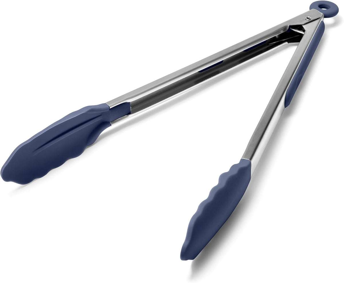 Doosu Kitchen Tongs for Cooking - 600°F Heat Resistant Food Tong with Non-Scratch Silicone Tips, Heavy Duty Stainless Steel Locking Tong for BBQ, Grilling Steak, Serving Salad Pasta (12in, Navy Blue)