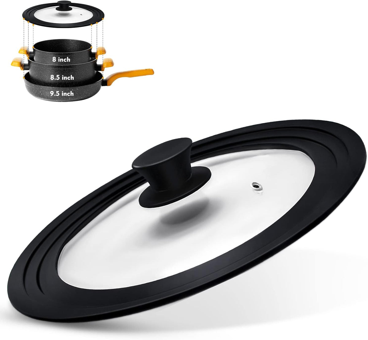 Universal Lid for Pots, Pans and Skillets, Pot Lid With Heat Resistant Silicone Rim and Tempered Glass, Fits 8", 8.5", 9.5" Diameter Pots and Pans