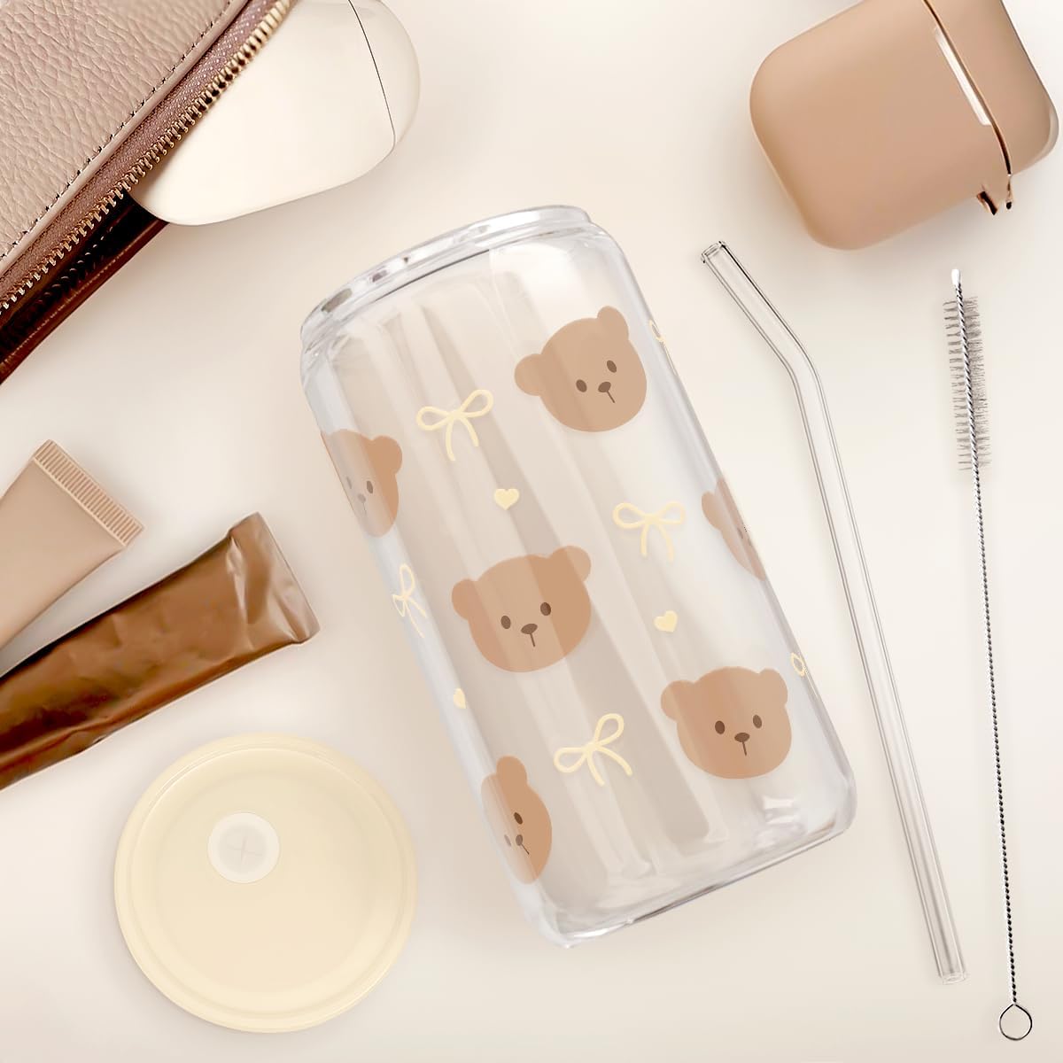 SANDJEST Bear Glass Can, Iced Coffee Aesthetic Cup, Gift for Christmas Birthday, Gifts for Women Girls, 16oz
