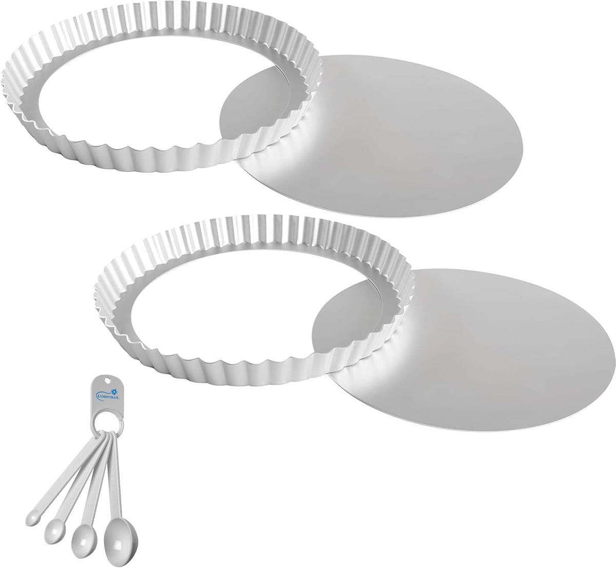 Lumintrail Fat Daddios Anodized Aluminum Fluted Tart Pan, 2 Pack, 9.5 Inches by 1 Inch, with a Measuring Spoon Set