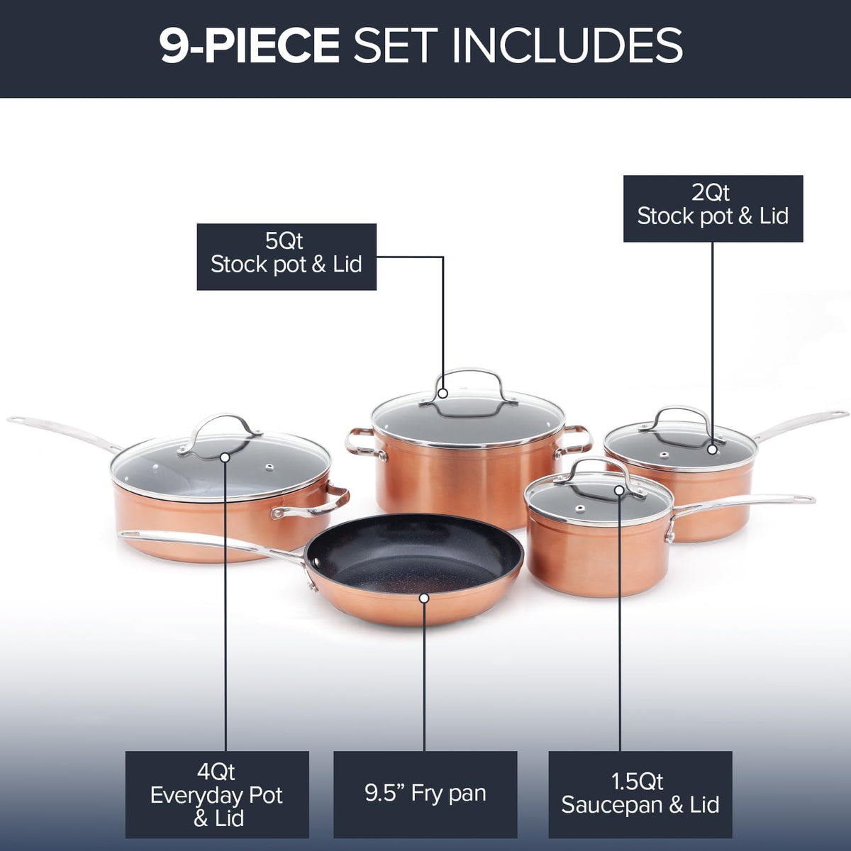 Nuwave Healthy Duralon Blue Ceramic Nonstick Coated 9pc Cookware Set, Scratch-Resistant Diamond Infused, PFAS Free, Induction Ready & Evenly Heats, Oven Safe, Tempered Glass Lids