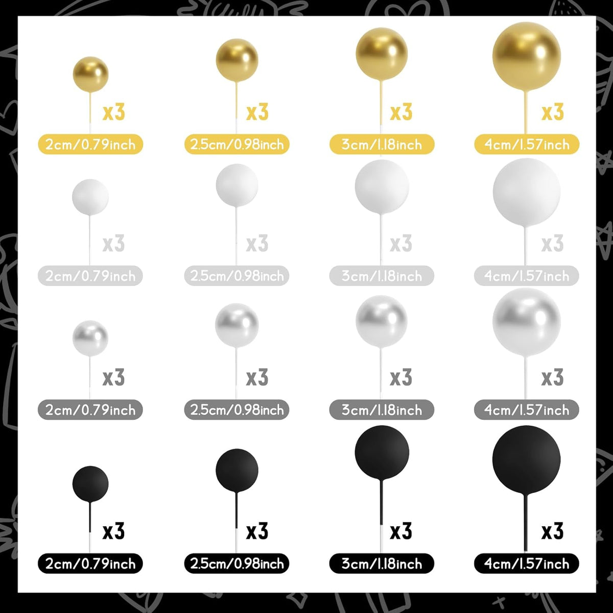 48 Pcs Balls Cake Topper Decorations Balloon Cupcake Toppers Foam Cake Topper Balls Cake Balls Decorations for Birthday Party Wedding Anniversary Cake Decorating (Black, Silver, White, Gold)