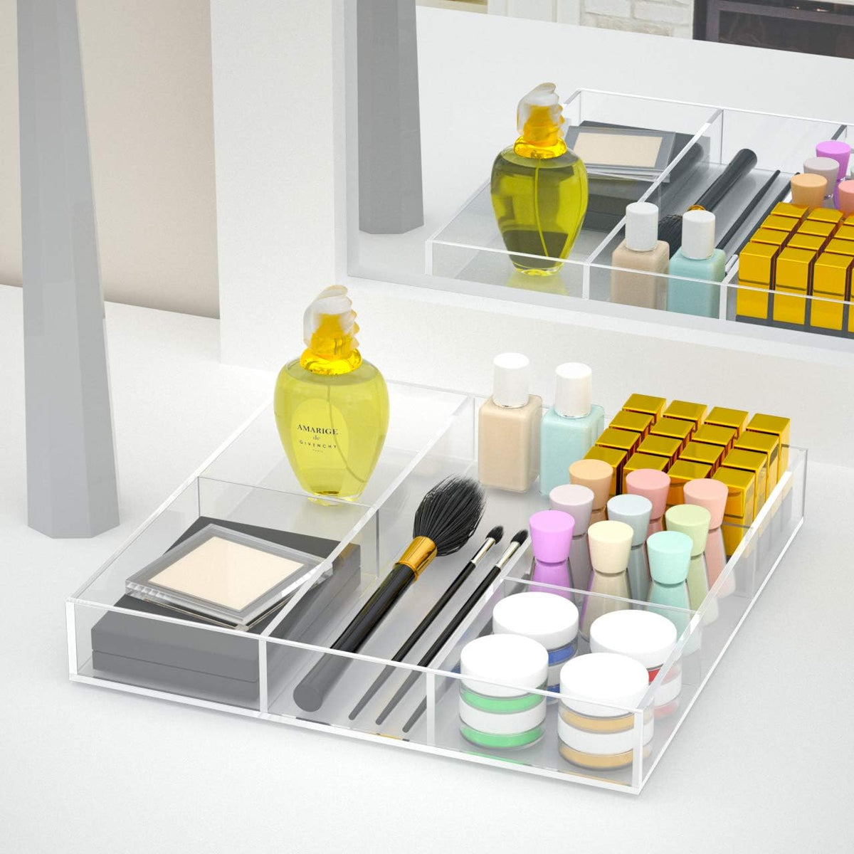 HIIMIEI Acrylic Drawer Organizer, 6 Section Clear Makeup Tray Organizer for Drawer Office Bedroom(11.8x11.8 inch)