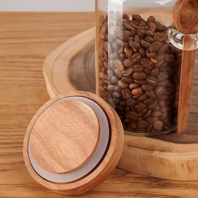 Glass Jars Containers with Wooden Handles Lids and Scoop Clear Canister Jars Set with Spoon for Kitchen Food Storage Coffee Tea Sugar Decorative Countertop Organization Jars 25 oz