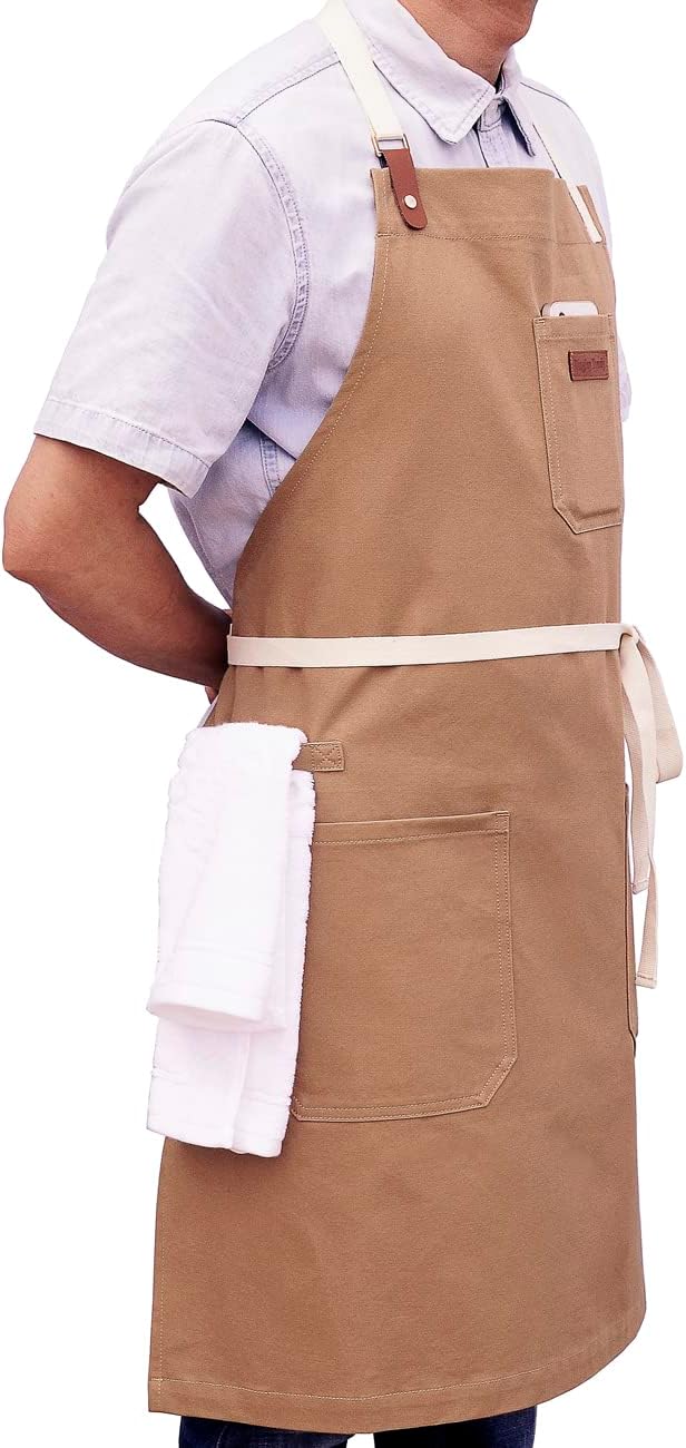 Kitchen Apron, Mens Womens Professional Chef Bib Apron for Cooking Grill BBQ, Cotton with Pockets Towel Loop and Adjustable Neck Straps