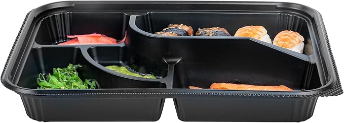 Restaurantware-Bento Tek 26.2 Ounce Meal Prep Containers, 50 Disposable To Go Food Boxes - Lids Sold Separately, 5 Compartments, Black Plastic Bento Lunch Boxes, Microwavable, Freezable