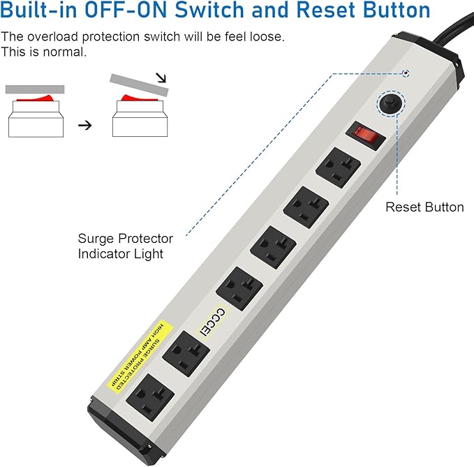 CCCEI Heavy Duty Power Strip Surge Protector 20 Amp, High Amp Industrial Shop Garage Metal Multiple Outlets, 6 FT 12 Gauge 5-15P Extension Cord 6 Outlet 6-20R T-Slot 20a for Appliance.