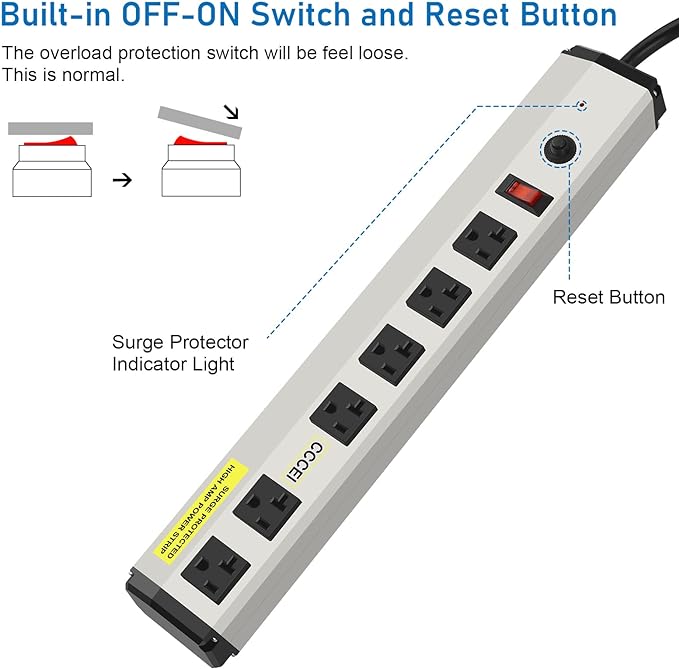 CCCEI Heavy Duty Power Strip Surge Protector 20 Amp, High Amp Industrial Shop Garage Metal Multiple Outlets, 4 FT 12 Gauge 5-15P Extension Cord 6 Outlet 6-20R T-Slot 20a for Appliance.