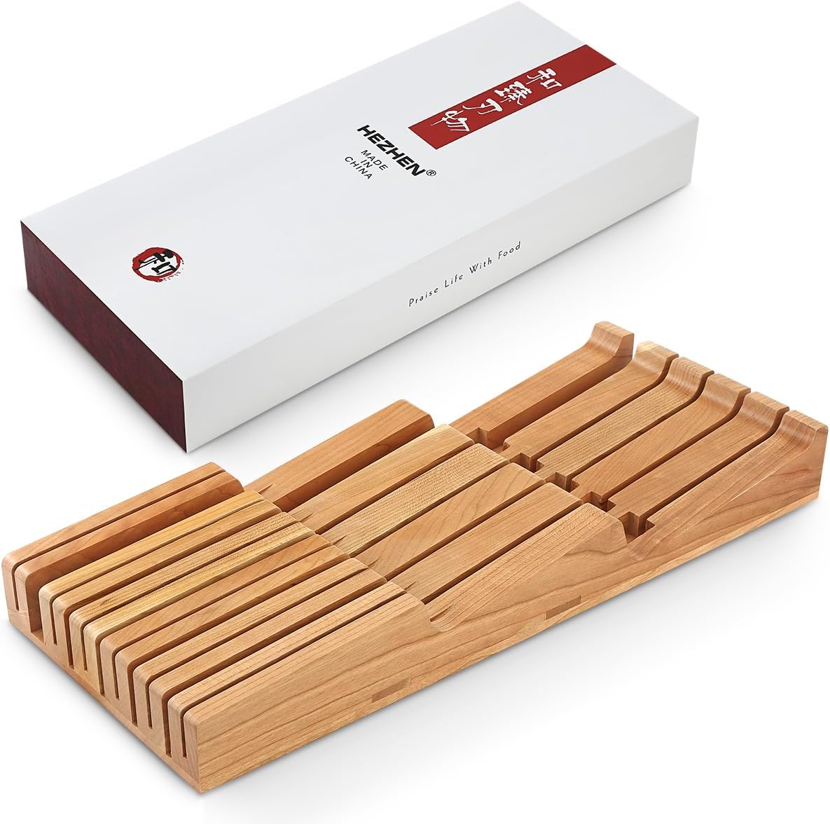 HEZHEN 11-slots Cherry Wood In-drawer Knife Tray,Knife Holder, Knife Block without Knives, Fit for 10 Knives and 1 sharpening rod