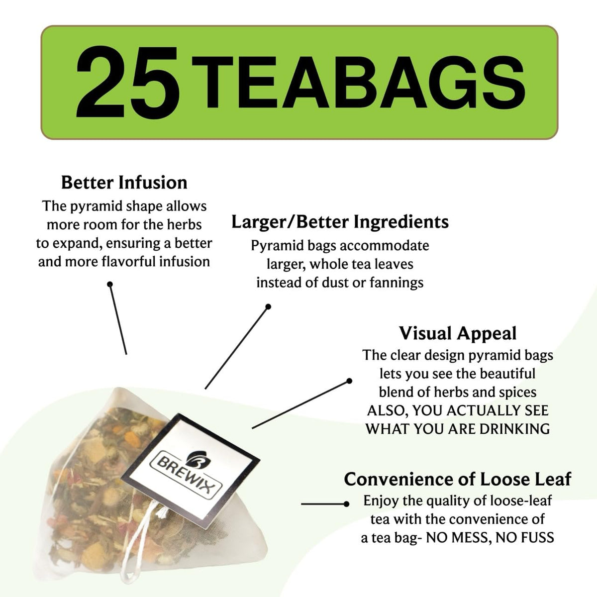 BREWIX, Tulsi Holy Basil Tea Bags (25 Pyramid Bags) | Tulsi Leaves | Holy Basil & Chamomile | Caffeine Free | Herbal Tea Bags | Calming, Fresh and Cool Flavor
