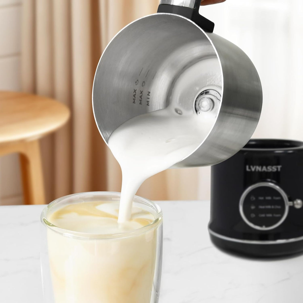 Milk Frother Warmer 3in1 Electric Milk Steamer Stainless Steel Foam Maker, 12oz Hot Cold Frothing, Thick Foam for Macchiatos, Cappuccinos (Black)
