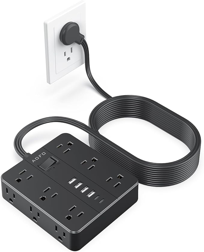 25FT Surge Protector Power Strip,12 AC Outlets with 6 USB Ports (2 USB-C), Flat Plug Extension Cord with Multiple Outlets, Wall Mount for Home Office,Dorm, Black