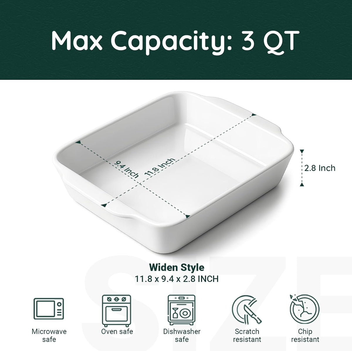 3 QT Wide Ceramic Baking Dish, White Casserole Dish with, Lasagna Pan for Oven, Ceramic Baking Pan, Kitchen Decor, Microwave Oven Safe, Dinner, Wedding (9.4" x 11.8")