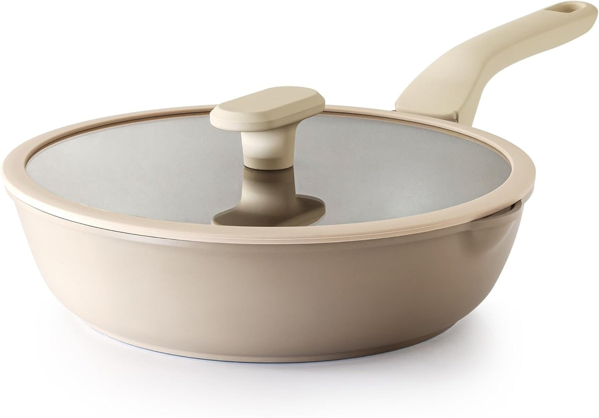 Nonstick Deep Frying Pan with Glass Lid, 10 Inch (3.2 qt), 5X Durable Nonstick Sauté Pan, Scratch & Stain Resistant, PFOA Free, Induction Compatible, Dishwasher & Oven Safe, Natural Linen