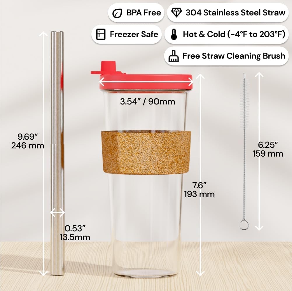 Dodoko Hot Pink Reusable Boba Tea Cup with Straw, 24 oz - Insulated BPA Free Shatterproof Tumbler for Iced Coffee, Smoothies, Cold Drinks - Dishwasher Safe, Includes Straw Cleaner