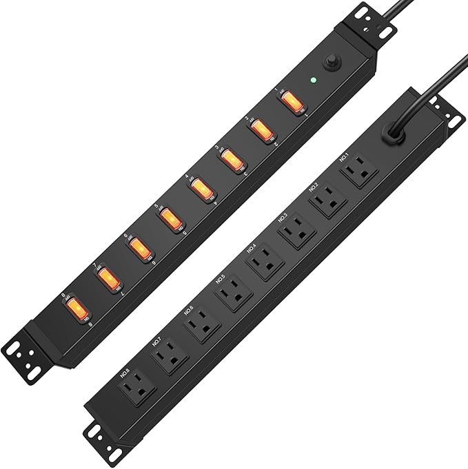HHSOET 1U Rack Mount Surge Protection, 8 Outlet PDU Power Strip, Metal Mountable Outlet Strip with Switch, 10ft Power Cord.
