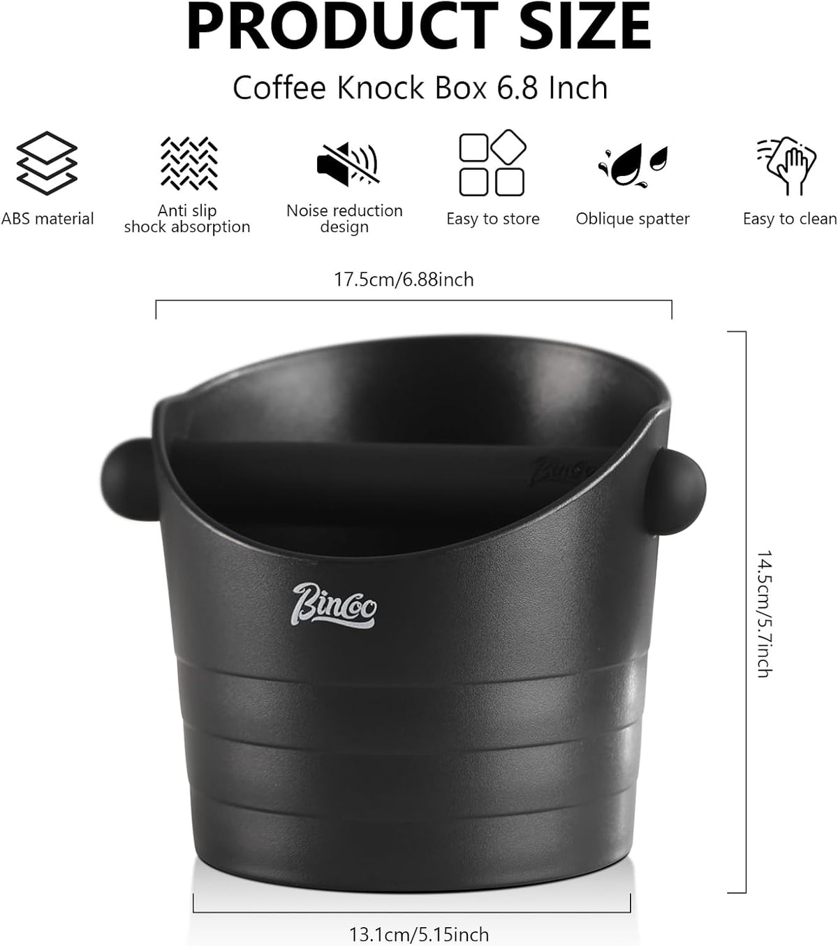 Bincoo Coffee Knock Box 6.8 Inch Shock-Coffee Ground Knock Box 1.2L with Removable Knock Bar and Non-Slip Base,Espresso Accessories Suitable for Home & Bar(Black 6.8 Inch)