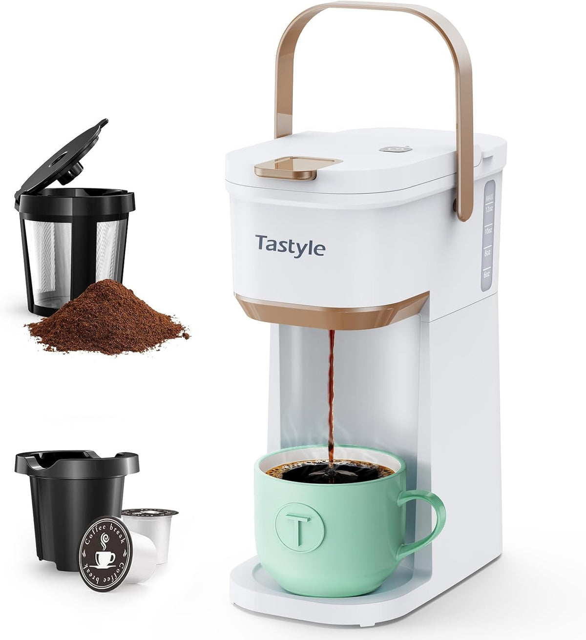 Single Serve One Cup Coffee Maker, for K Cups and Grounds, Mini Coffee Maker with Portable Handle, 6 to 12 Oz Brew Size, for Travel, Camping, Office, RV and Dorm, 120V, White and Brown
