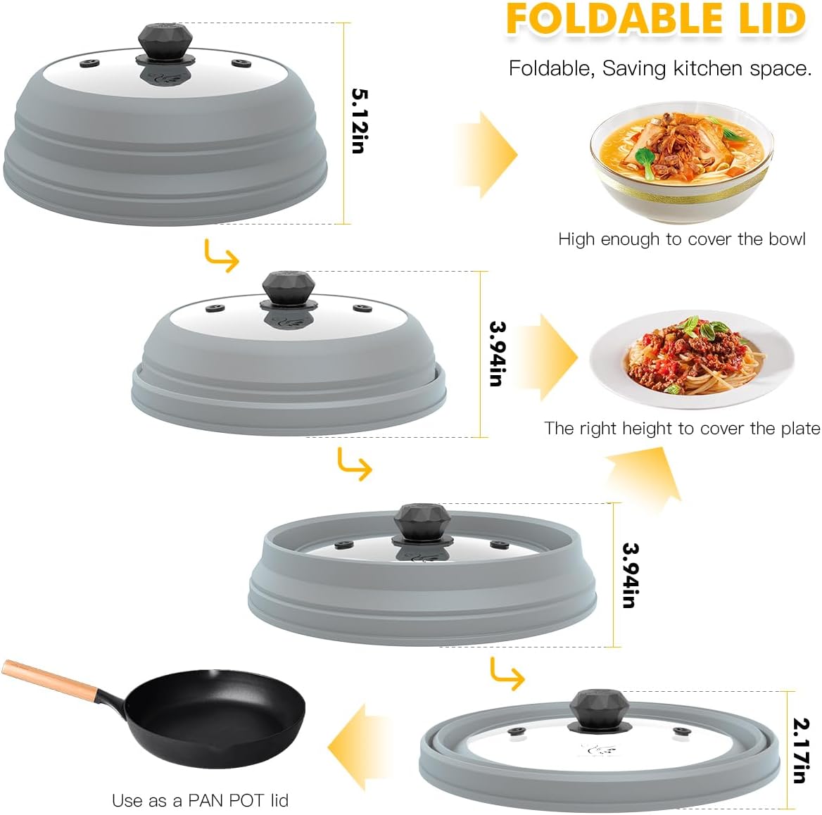 Microwave Splatter Cover Vented Glass Cover Splatter Guard Lid with Collapsible Silicone for Food as Pot Cover Plate Cover 10.8 inch for 6 7 8 9 10 inch Plate Bowl Light Grey