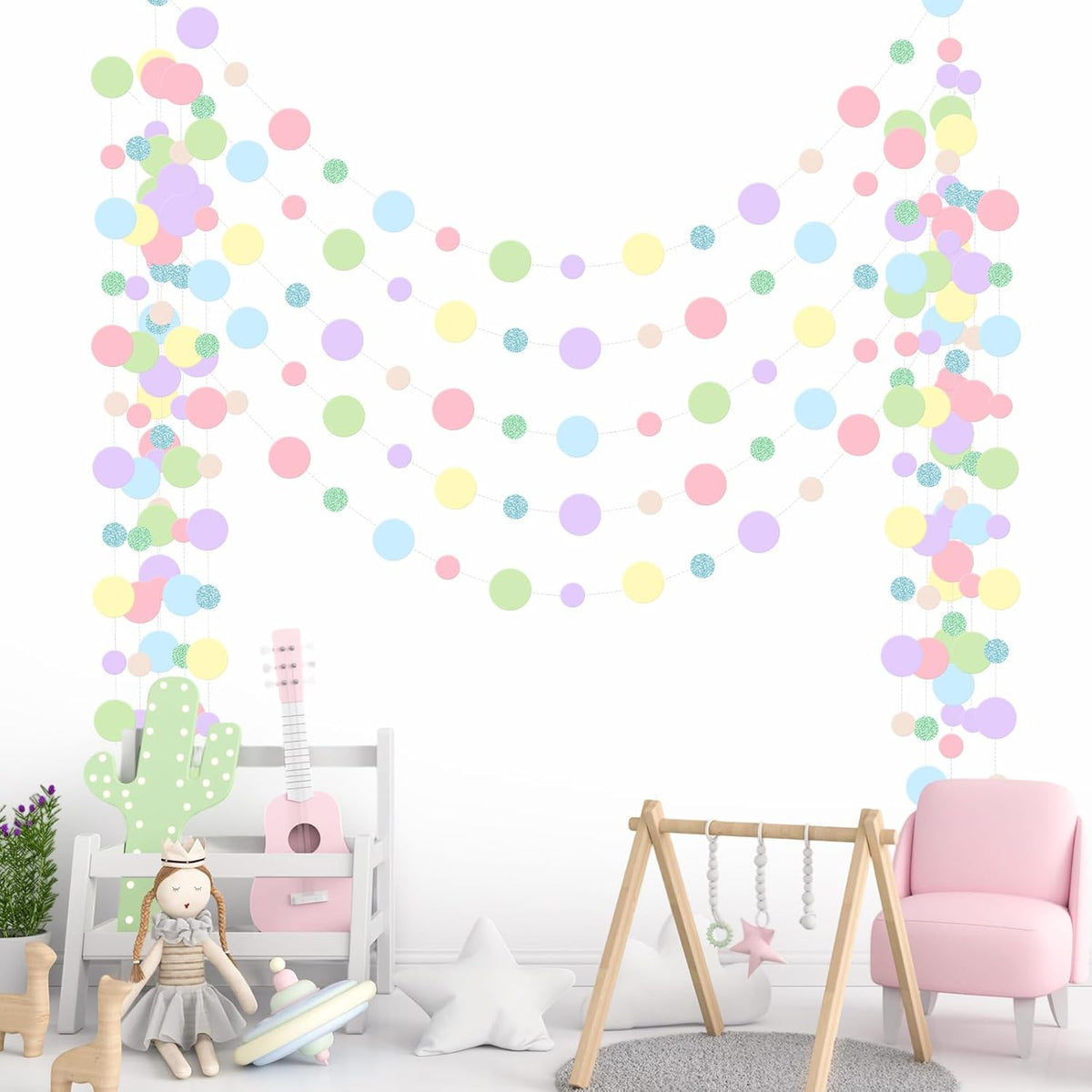 Outus 5 Pieces Colorful Dots Paper Garland Round Glitter Garland Hanging Confetti Streamers Backdrop Decoration for Birthday Classroom Candy Sprinkles Trunk or Treat Party (Pastel)