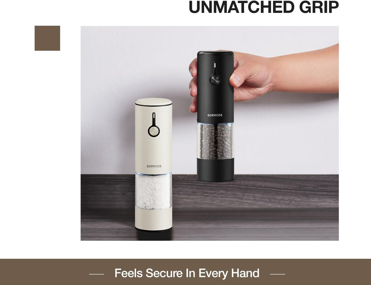Stainless Steel Rechargeable Electric Salt and Pepper Grinder Set, USB Charging with Dust Cover, 6 Adjustable Grinding Modes + LED Light 2packBlack+Cream