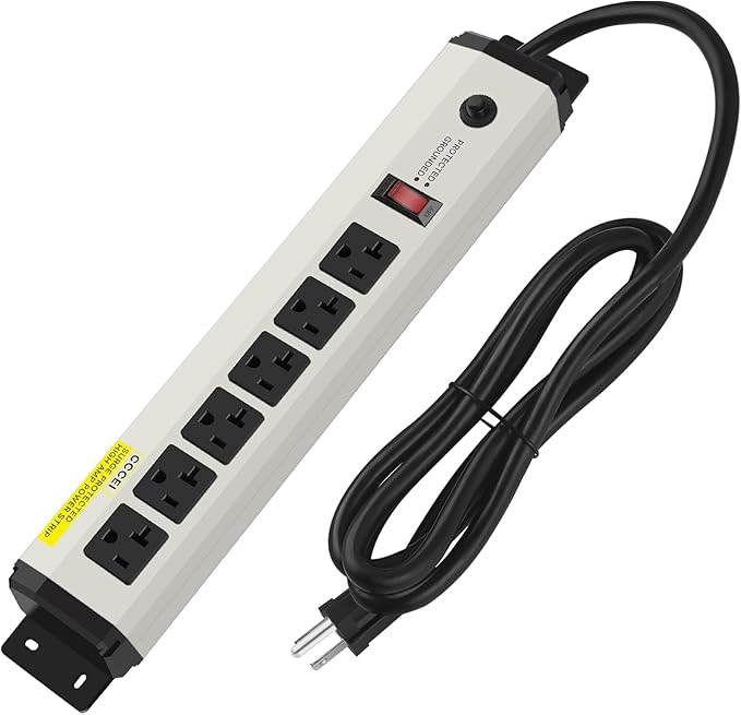 CCCEI 12 Gauge Heavy Duty Power Strip Surge Protector 4800J, 20 Amp 6 Plug Industrial Shop Garage Metal Multiple Outlets, 15 FT Extension Cord 5-15P Adapter High Amp 6-20R T-Slot 20a for Appliance.