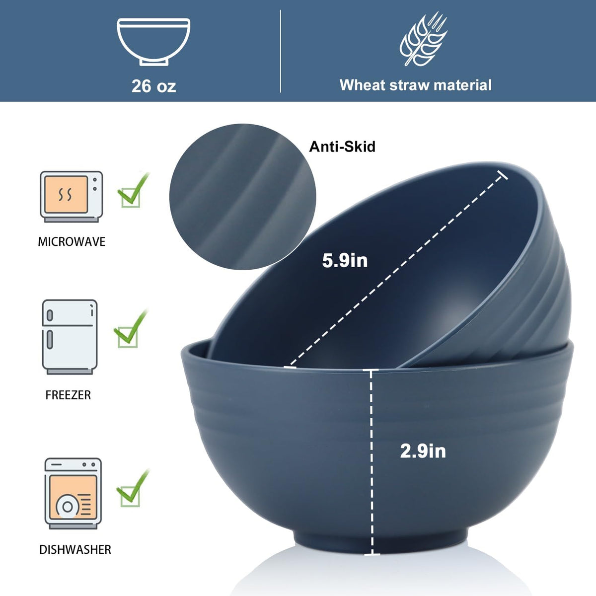 Wheat Straw Bowl Sets,8 PCS Unbreakable Cereal Bowls 26 OZ,Microwave and Dishwasher Safe Bowls,Kitchen Bowl suitable for cereal,salad,snack and soup (Navy Blue)