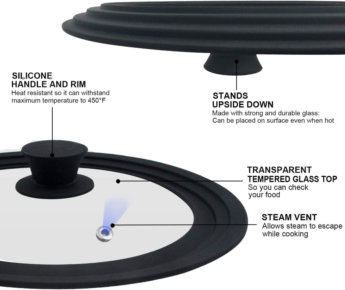 Walfos Universal Lid for 9.5", 10.5" and 11" Diameter Cookware, Fits Pots, Pans and Skillets - Walfos Tempered Glass Pan Lid with Heat Resistant Silicone Rim, BPA Free Pot Lids, Dishwasher-Safe, Black