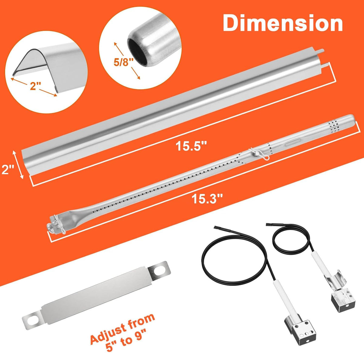 17" Grill Part Kit for Charbroil Performance 2 Burner 463630021 463660421 463655021 463630422 463655421,Grill Grates/Heat Plates/Burners/Adjustable Crossover/Tube/Ignition for Charbroil Grills