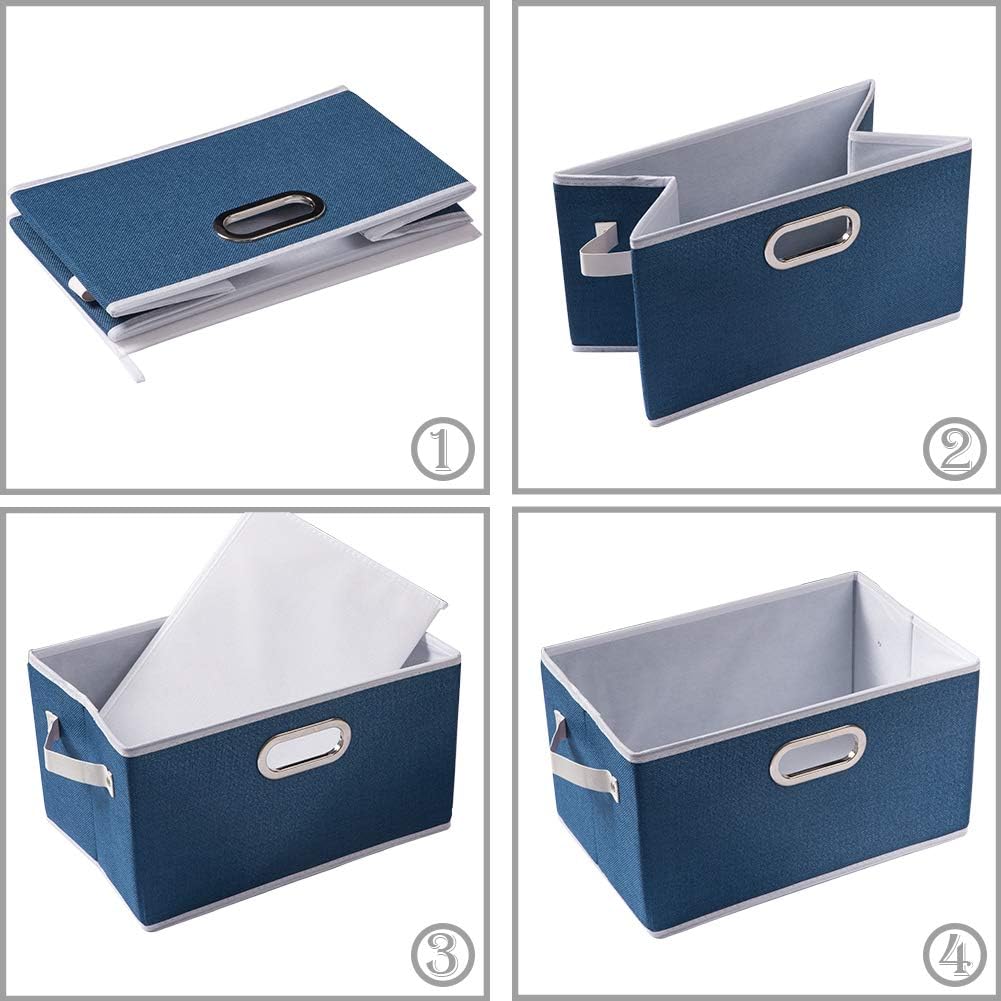PRANDOM Fodable Storage Baskets for Closet [5-Pack] Decorative Fabric Storage Bins Cubes with Leather/Metal Handles for Shelves Bedroom Living Room Royal Blue (11.5x8.5x6.7 Inch)