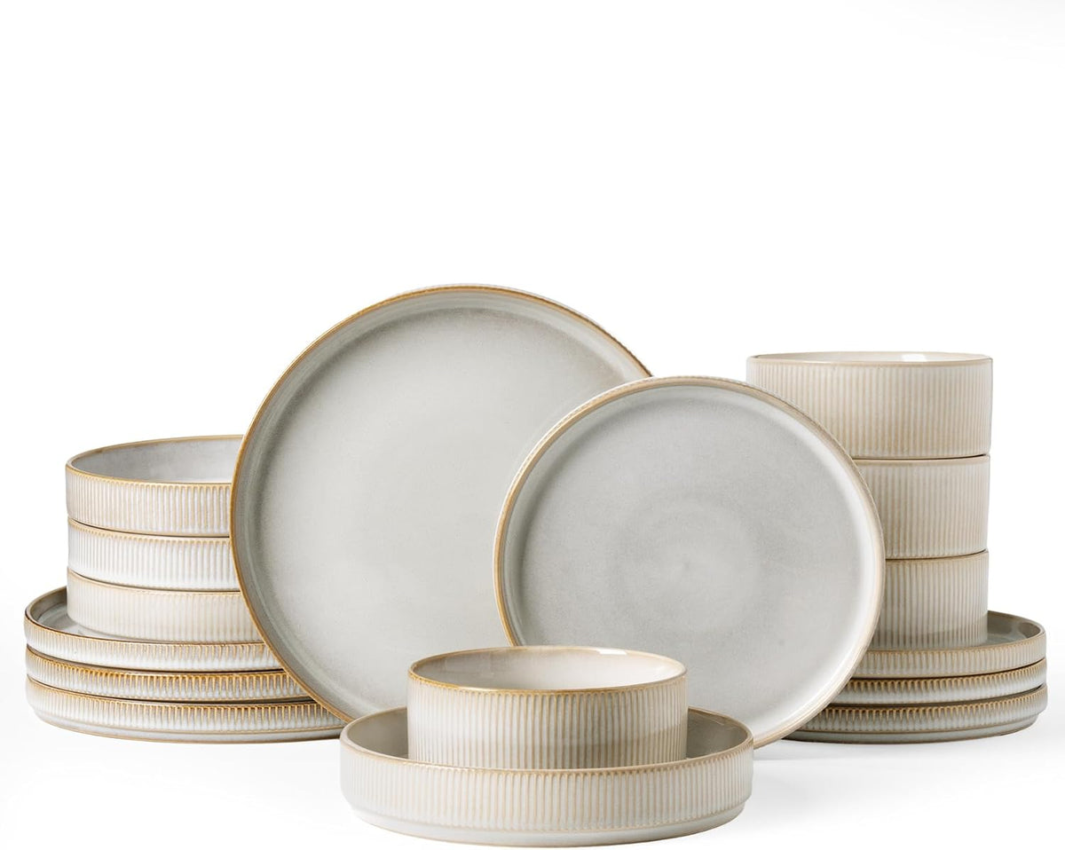 Famiware Star Dinnerware Set with Pasta Bowls, Service for 4 (16pcs), Ribbed Stoneware Plates and Bowls Dishes Sets - Chip & Scratch Resistant, Microwave & Dishwasher Safe, Cappuccino White