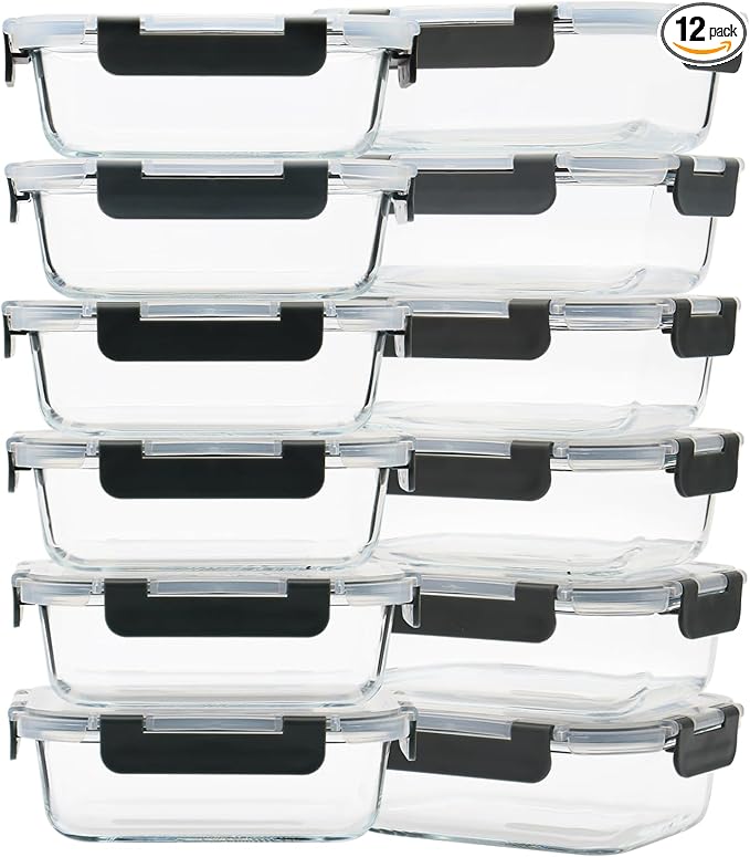 12 Pack 22oz Glass Meal Prep Containers, Food Storage Containers with Lids, Air-Tight, Leak-Resistant, Freezer to Microwave Safe - Grey Set
