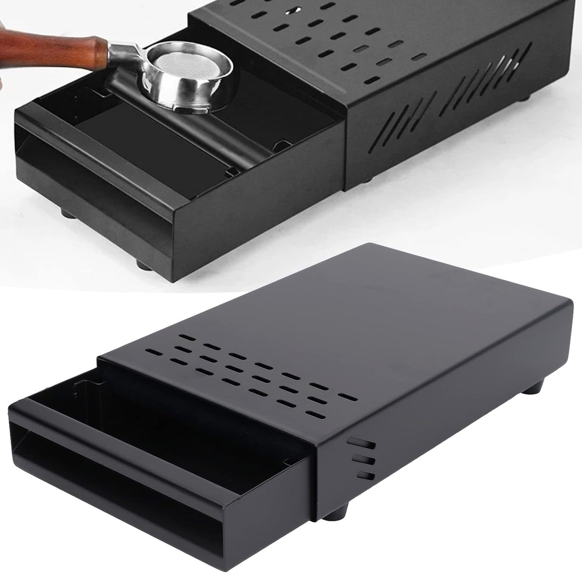 Espresso Knock Box, Stainless Steel Coffee Knocker Drawer with Non Slip Feet and Removable Rubber Lever, Coffee Knock Box Drawer 13.5 x 9.9 x 3.5 in