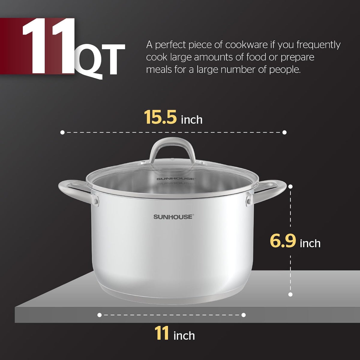 Sunhouse Stainless Steel Stock Pot - 11 Quart Heavy-Duty Induction Cooking Pot with Visible Lid for Pasta, Soup, Spaghetti - Nonstick Thick-Bottom Deep Stockpot for Canning, Boiling, and Simmering