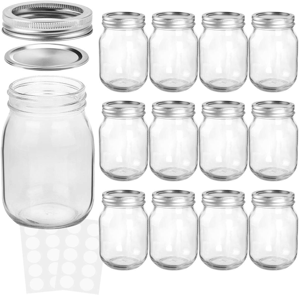 KAMOTA Mason Jars 16 OZ With Regular Lids and Bands, Ideal for Meal Prep, Jam, Honey, Wedding Favors, Shower Favors, Baby Foods, DIY Spice Jars, 12 PACK, 20 Whiteboard Labels Included