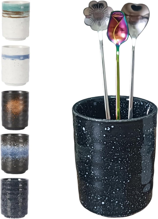 Stoneware Coffee Bar Utensil Holder Tea & Coffee Spoon & Stirrer Holder for Stir Stick Straw Teaspoon Holder Spoon Cup Small Utensil Jar (Starry night)