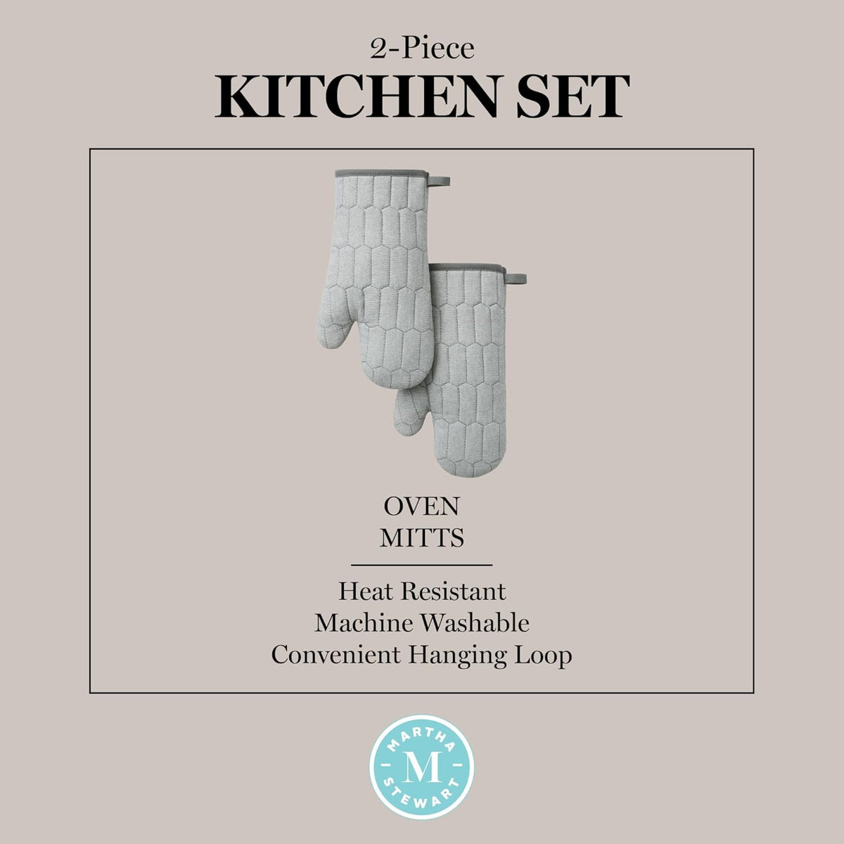 MARTHA STEWART Honeycomb Quilted Chambray Oven Mitt 2-Pack Set, 100% Cotton, Heat Resistant, Flexible Grip, Grey, 7"x13"