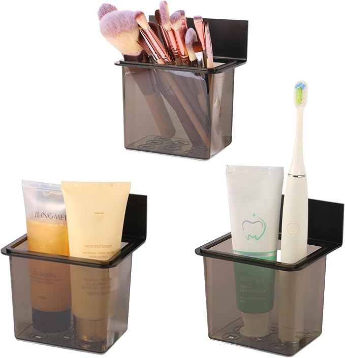 Toothbrush Holder Toothpaste Holder with Wall Mount for Family, Metal Frame & Plastic Black Bathroom Organizer Set with Adhere Tape for Bathroom -one Pack