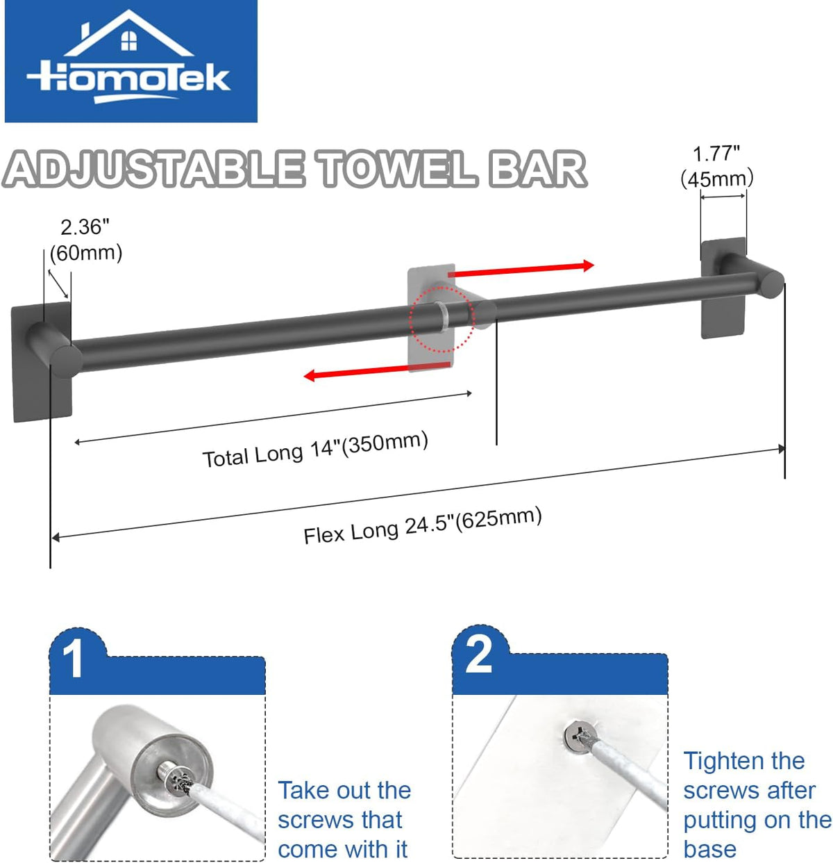 2 Pack Adhesive Adjustable Towel Bar, Economical Self Stick Bathroom Towel Holders, HOMOTEK Bathroom Rod Size from 14 Inch to 24.5 Inch Single Hanger for Kitchen(Thickened Matte Black)