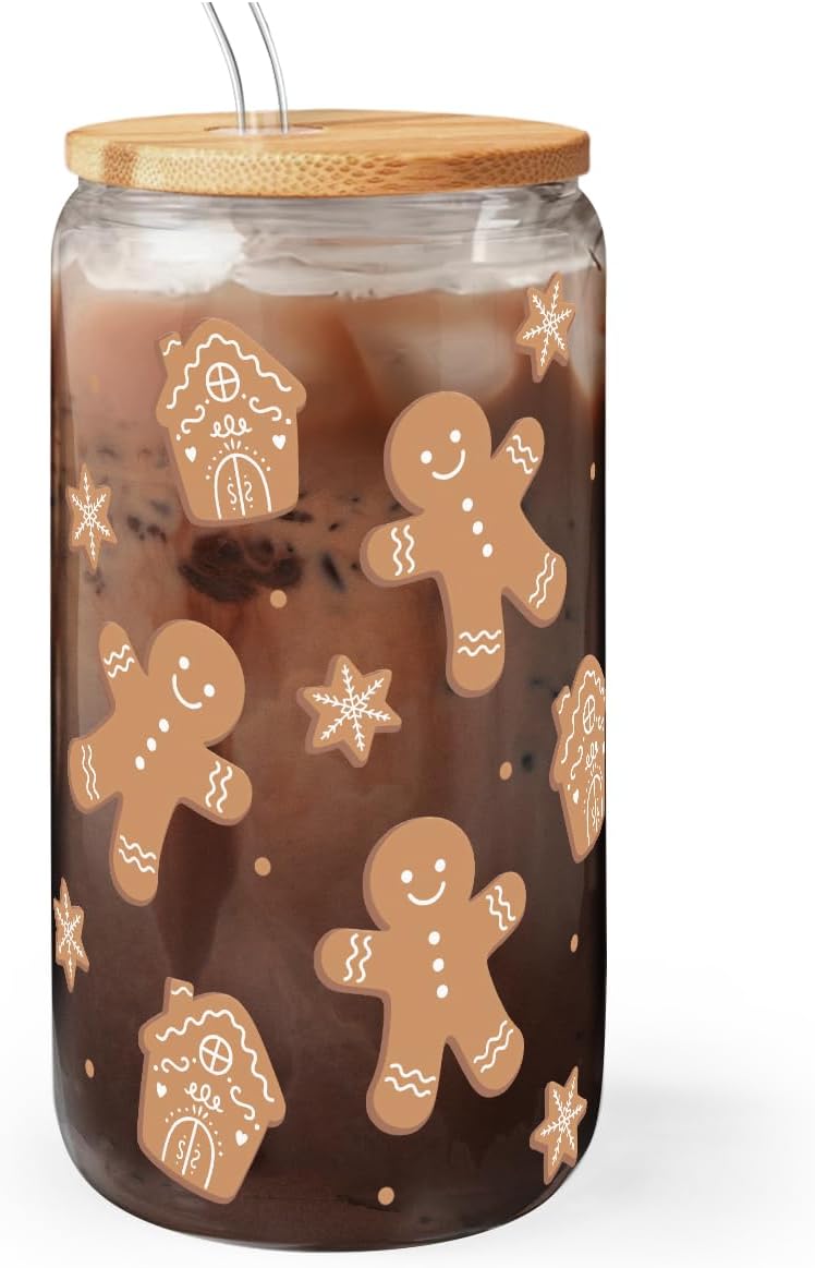 Gingerbread Christmas 16oz Can Glass Tumbler with Bamboo Lid & Straw - Iced Coffee Cup for Women Girls, Aesthetic Cups Gifts for Xmas