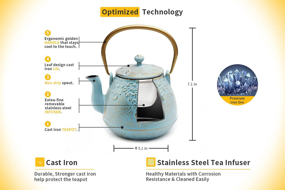 TOPTIER Japanese Cast Iron Tea Kettle with Stainless Steel Infuser, Cast Iron Teapot Stovetop Safe, Leaf Design Teapot Coated with Enameled Interior, 32 Ounce (950 ml), Turquoise Blue