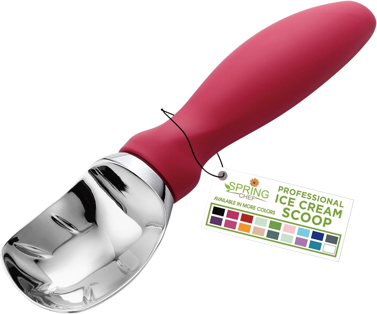 Spring Chef Pink Heavy Duty Ice Cream Scoop with Soft Grip Handle, Professional Ice Cream Scooper, Metal Icecream Spoon for Cookie Dough, Frozen Yogurt, Gelato, Melon - Dishwasher Safe Kitchen Tool